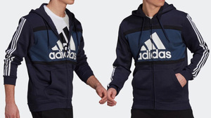 adidas 新品！ESSENTIALS カラーブロック フルジップパーカー M紺系 裏フリース 送料無料