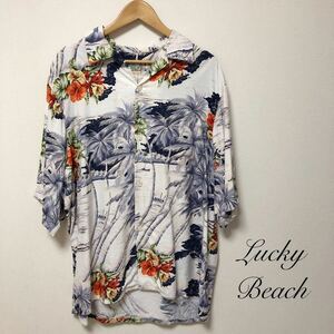 Lucky Beach◇アロハシャツ オープンカラーシャツ 開襟 半袖 トップス パームツリー ハイビスカス レーヨン ハワイアンシャツ USA古着 XL