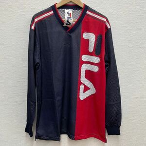 FILA フィラ デッドストック 長袖 Vネック メッシュ Tシャツ ネイビー レッド M