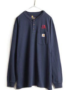 大きいサイズ XL ■ カーハート ヘンリーネック ポケット付き 長袖 Tシャツ ( メンズ ) 古着 CARHARTT 長袖Tシャツ ロンT ポケT ネイビー