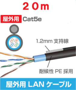 ◆即決　屋外用 LANケーブル 支持線＋コネクタ付 ２０ｍ