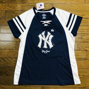 【送料無料】Majesticニューヨークヤンキース半袖Tシャツ Fan Fashion NYレディースXLサイズ　スパンコール