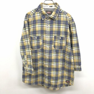 Dickies ディッキーズ XL メンズ シャツ チェック 7分袖 スリムフィット 両胸ポケット 綿×麻 ネイビー×グリーン×イエロー×ホワイト