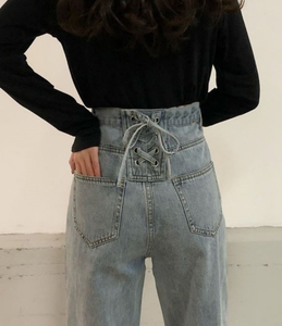 * trying on only almost unused goods!! race up high waist jeans XL(W approximately 76cm) super-beauty goods! wide pants high waste to large size 
