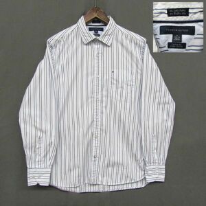 サイズ M トミーヒルフィガー TOMMY HILFIGER 80's 2 Ply Fabric 長袖 ストライプ シャツ ホワイトベース 古着 2S2191