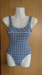 *Juster* blue × navy blue × white × black * check pattern. One-piece swimsuit * size 7S *