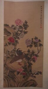 【宝古斎】沈銓花鳥掛け軸（絹本着色）