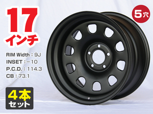 17インチ 鉄ちんホイール 極太 9J-10 5穴 PCD114.3 CB73.1 ドリ車 セダン 旧車 スタンス ドレスアップ 特注 艶消し黒 希少サイズ 4本