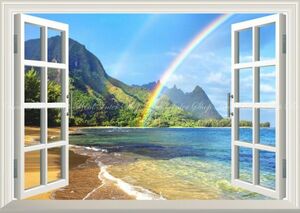 【窓仕様】南国の島とビーチと虹 ハワイ 波 レインボー 絵画風 壁紙ポスター 特大A1版 830×585mm はがせるシール式 004MA1
