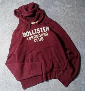 HOLLISTER ホリスター ダメージ加工 プルオーバー スウェットパーカー ロゴ ワッペン 刺 メンズ トレーナー (L) エンジ　 ●S-772