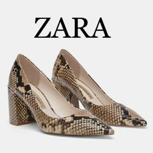 ZARA パイソン　ポインテッドトゥ パンプス　スネークスキンレザーヒールシューズ　37 181220