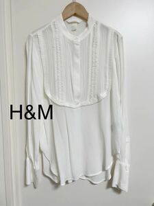 新品　H&M エイチアンドエム　ブラウス ハイネック　フリル　ピンタック シャツ　34 とろみブラウス 19610