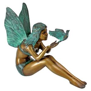 平和の鳩を放す美しい妖精　28cmのデスクサイズ小型ブロンズ像　西洋彫刻洋風オブジェインテリア置物小物鉄製フェアリー少女裸像ヌード