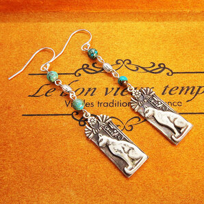 プレート タグ フックピアス 猫の女神バステト 古代エジプト シルバー925 ターコイズ