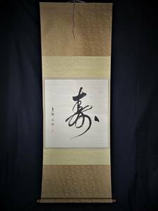 【掛010】壽 書　掛け軸　三尾由子　赤梅書　旧家買取品　◆横約73cm x 縦約183cm◆