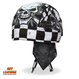 Hot Leathers ヘッドラップ スカル チェック柄 白 黒 [Checkered Flags] バンダナ ヘルメットインナー サイズフリー 米国直輸入 バイクに!