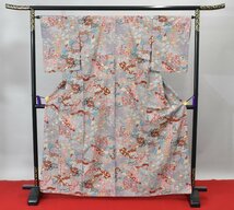 【桜庭呉服店】小紋 着物 扇面 花 梅 菊 鶴 おしゃれ 身丈160cm 裄丈64.5cm　★ kb-1734_画像2