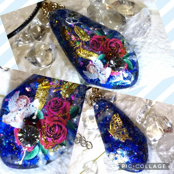 ☆ハンドメイド☆レジン鉱石型チャームチョーカー☆blue＆gold☆