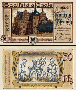 (B-1025) ドイツ ザールフェルト ５０ペニッヒ紙幣(ノートゲルト）1921年　②