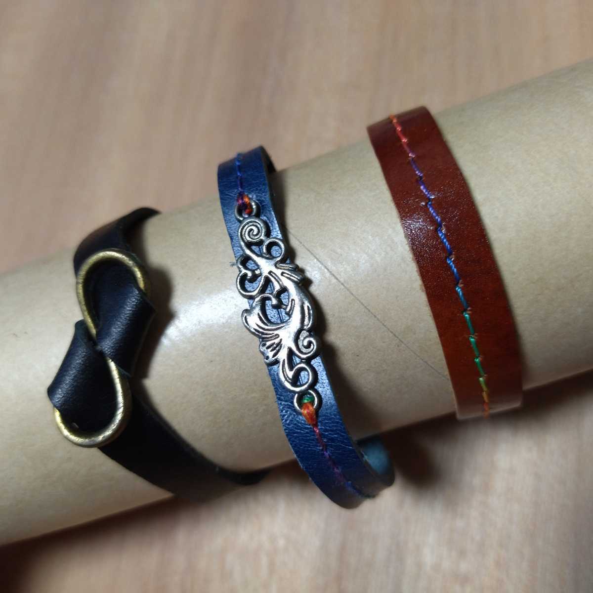[Set of 3 genuine leather bracelets] Cowhide leather, handmade ☆Can also be used as a choker or anklet for stuffed animals☆ Bargain item, fashion, Fashion Accessories, others