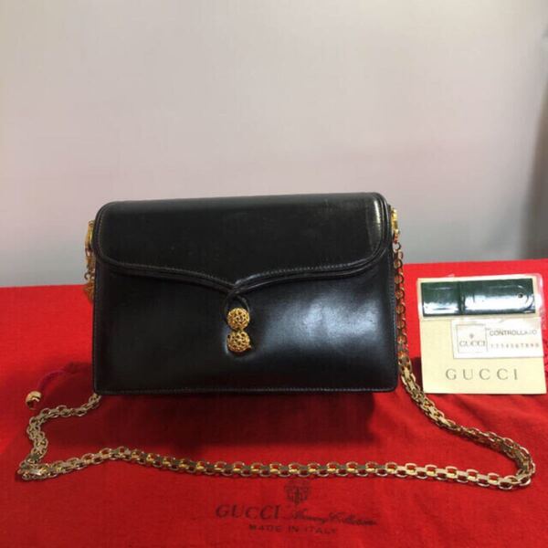 グッチ OLD GUCCI Vintage " 2way ミニチェーン ショルダー バック レザー 黒