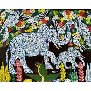 ●ティンガティンガ『 Patterned tembo family 』by Mawazo 27.5*35.5cm アフリカ 絵画, 絵画, 油彩, 動物画