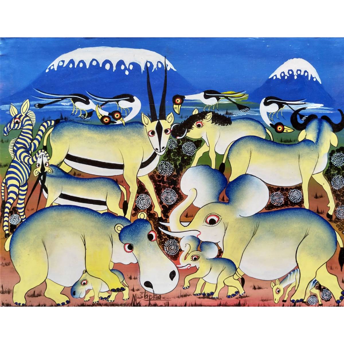 アフリカの絵画 ティンガティンガ『 Pink baobab and animals 』Wide