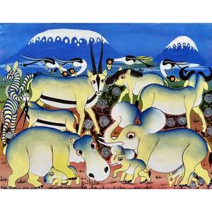 ●ティンガティンガ『 Kilimanjaro and animals 』by Mustapha 28*36.5cm アフリカ 絵画, 絵画, 油彩, 動物画