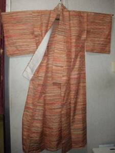 15－506）オレンジ系紬変り織横縞単衣小紋　身丈156cm