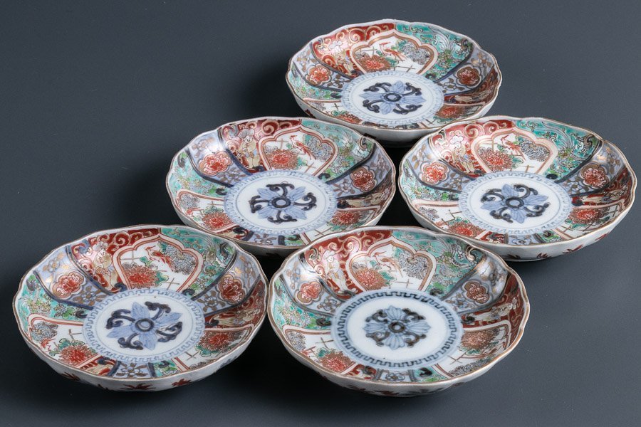 【古伊万里】『 染錦鳳凰花文小皿 豆皿 5客 明治時代 12188 』5枚組 色絵 和食器 料亭 日本料理 焼物皿 金彩 時代物 珍味皿 醤油皿 手塩皿