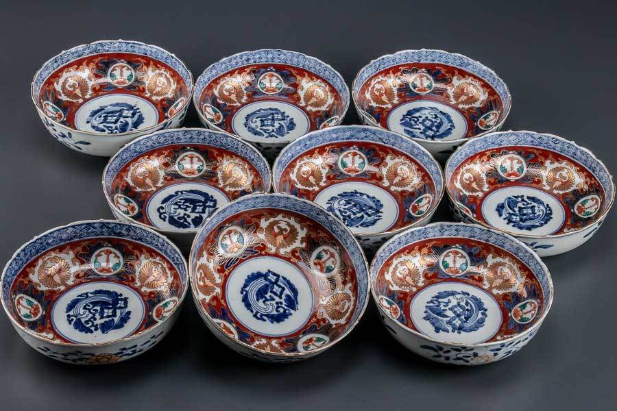 【古伊万里】『 赤絵金襴手七宝草花文平鉢 なます皿 9客 江戸後期 箱付 9269 』9枚組 色絵 和食器 日本料理 焼物皿 陶芸 金彩 時代物