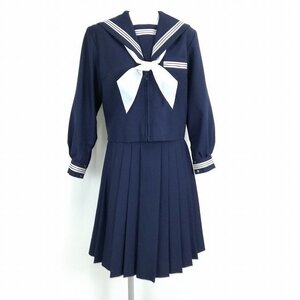 1円 セーラー服 スカート スカーフ 上下3点セット 冬物 長袖 白3本線 女子 学生服 中学 高校 紺 制服 中古 ランクB EY2214の商品画像