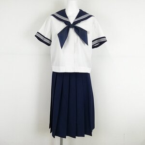 1円 セーラー服 スカート スカーフ 上下3点セット 大きいサイズ 夏物 半袖 白3本線 女子 学生服 中学 高校 白 制服 中古 ランクC EY2310の商品画像
