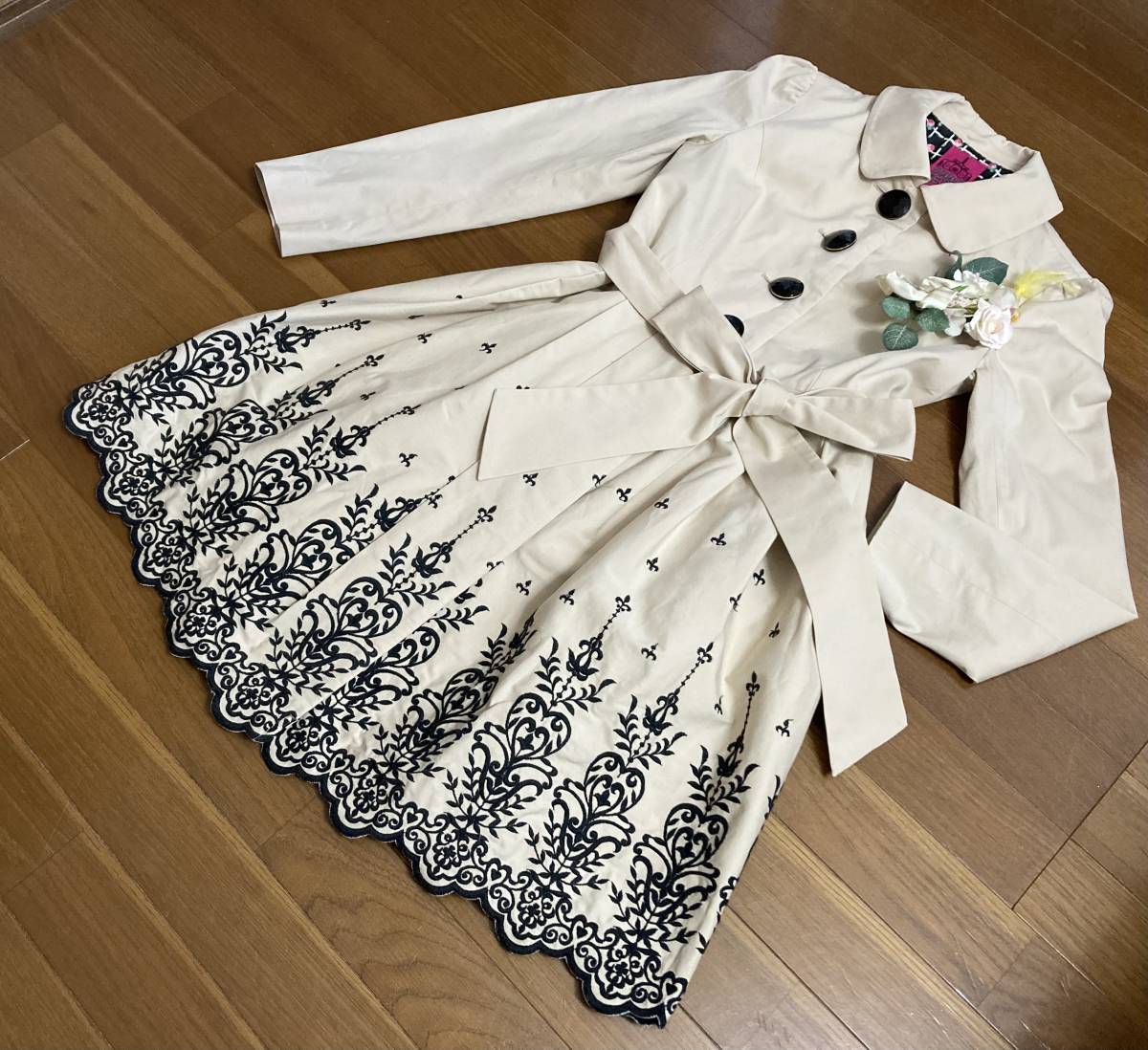 アメリカ製 アナスイ ジャガード刺繍パッチワーク総柄切替コートワンピースブラック