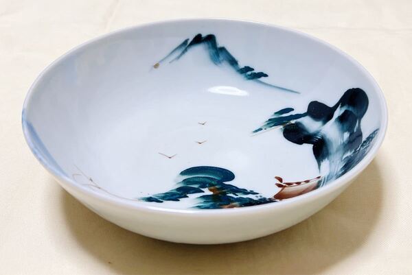 レトロ 水墨画風 山水絵 陶器大鉢 年代物