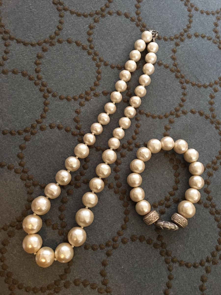 2点セット コットンパール ネックレス ブレスレット軽量 アンティーク風 ハンドメイド ゴールド系 美品 真珠, ハンドメイド, アクセサリー(女性用), ネックレス, ペンダント, チョーカー