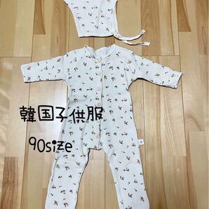 【未使用】韓国子供服 花柄ワッフルカバーオール 90