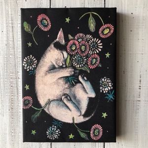 星月猫★アート「花を抱いて」絵画 木製パネル貼り SMサイズ 複製画「003」猫