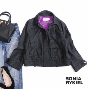 美品 ソニアリキエル SONIA RYKIEL ■ 秋 冬 カシミヤ混合 ミックスカラー ウールジャケット ブルゾン 40 11号 ブラック 黒