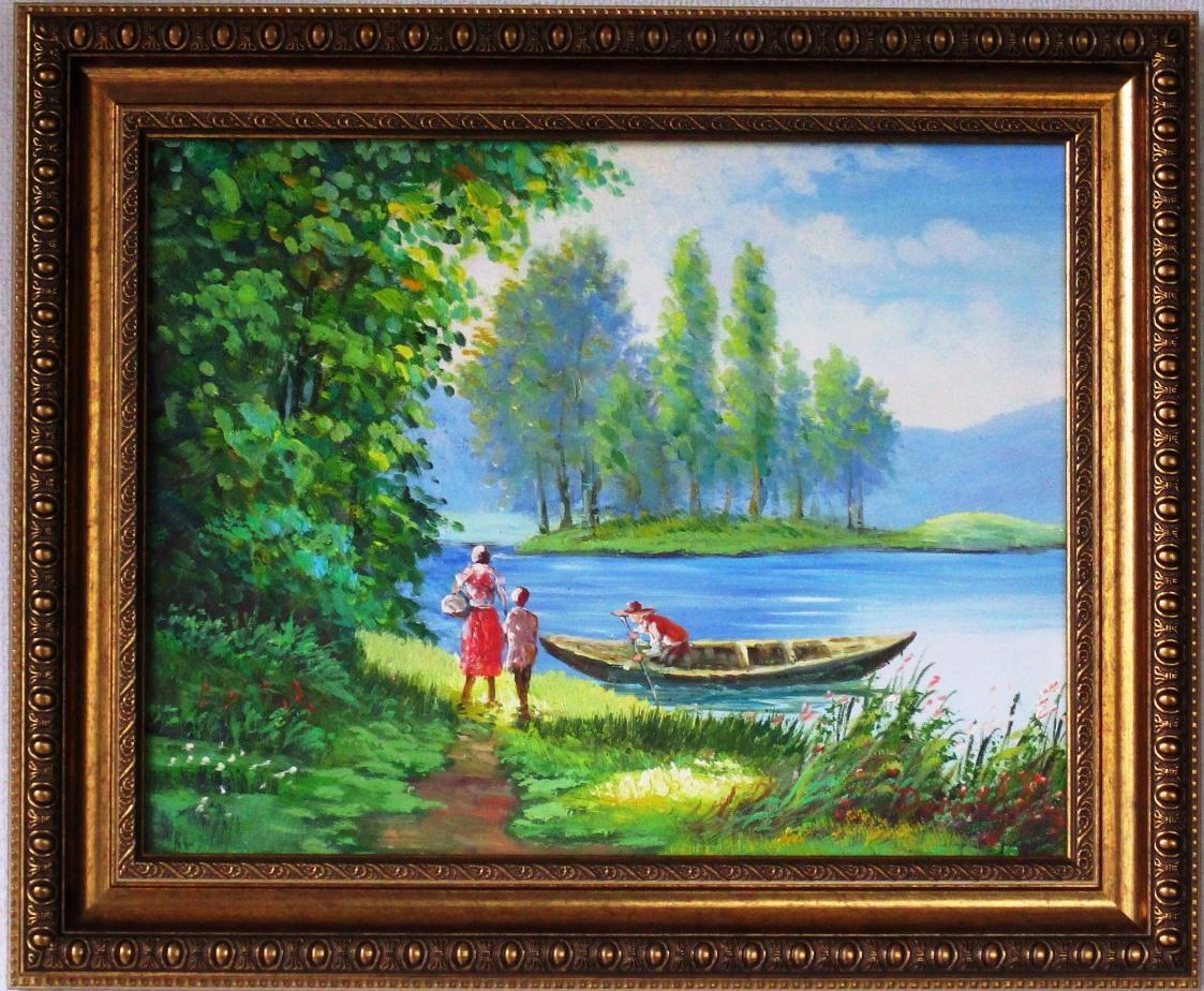 絵画 油絵 風景画 帰宅の小舟を待つ母娘 F6 WG186, 絵画, 油彩, 自然, 風景画