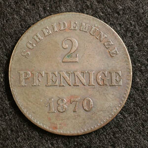 KM#174/ドイツ連邦 ザクセン＝マイニンゲン公国 2ペニッヒ銅貨(1870）状態良好！[E921]コイン