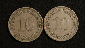 KM#12/ドイツ帝国 10ペニヒニッケル銅貨(1911.12）2種セット！[E833]コイン