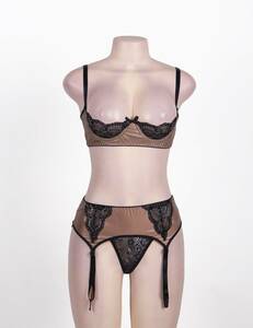 80313 M size open bust bra garter belt shorts set sexy Ran Jerry underwear tea color 