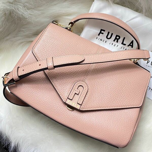 【極上美品】FURLA フルラ DAFNE トップハンドル ショルダーバッグ くすみピンク 本革 