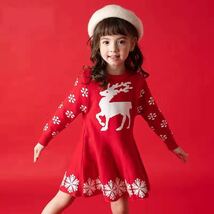 キッズニットワンピース　トナカイ柄　雪の結晶　Aライン　女の子服　レッド130_画像4