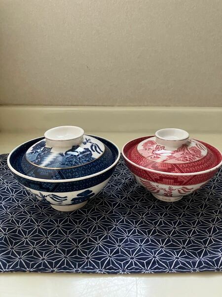 ニッコー　ダブルフェニックス　山水　蓋つき夫婦茶碗（赤/青）セット　 和食器