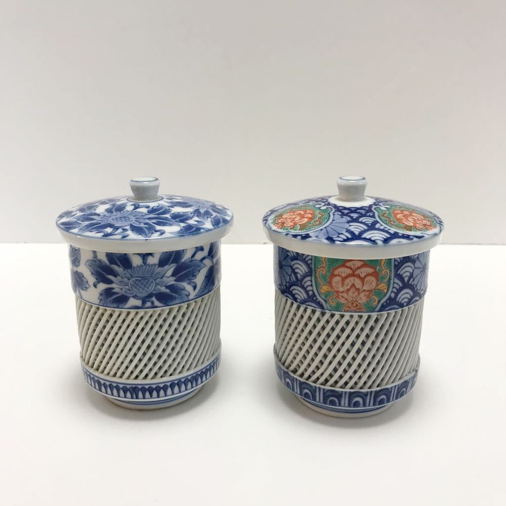 616 有田焼 西浦琴峰作 未使用 白磁網目焼 2客 蓋物