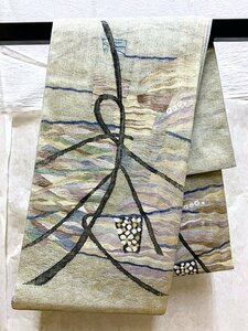 831B/アンティーク 着物リメイク 袋帯 名古屋帯 グリーン地 すくい織 リメイク素材 古布 逸品