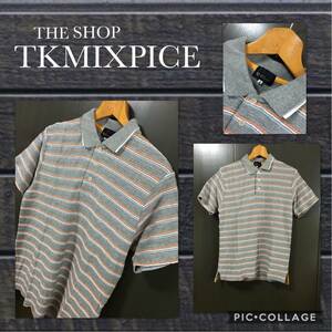 ■TK MIXPICE ティーケーミクスパイス 半袖ポロシャツ 衿2枚重ね タック刺繍入り ボーダー スリット入り サイズ3 （L）美品