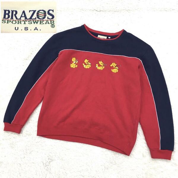 BRAZOS SPORTS WEAR ブラゾス スポーツウェア ビンテージ スウェット トレーナー クマのプーさん刺繍 コットン 裏起毛 サイズM
